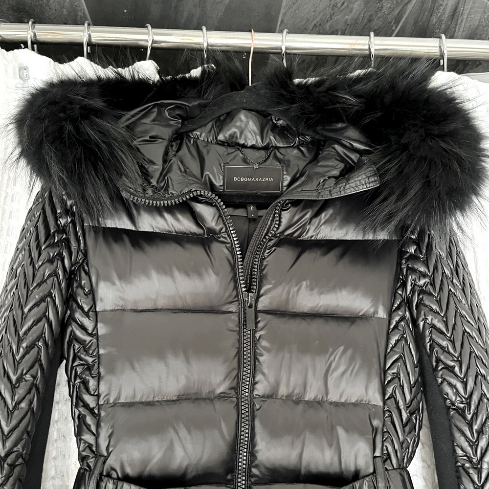 BCBGMaxAzria Black Down Puffer Jacket with Fur Trim